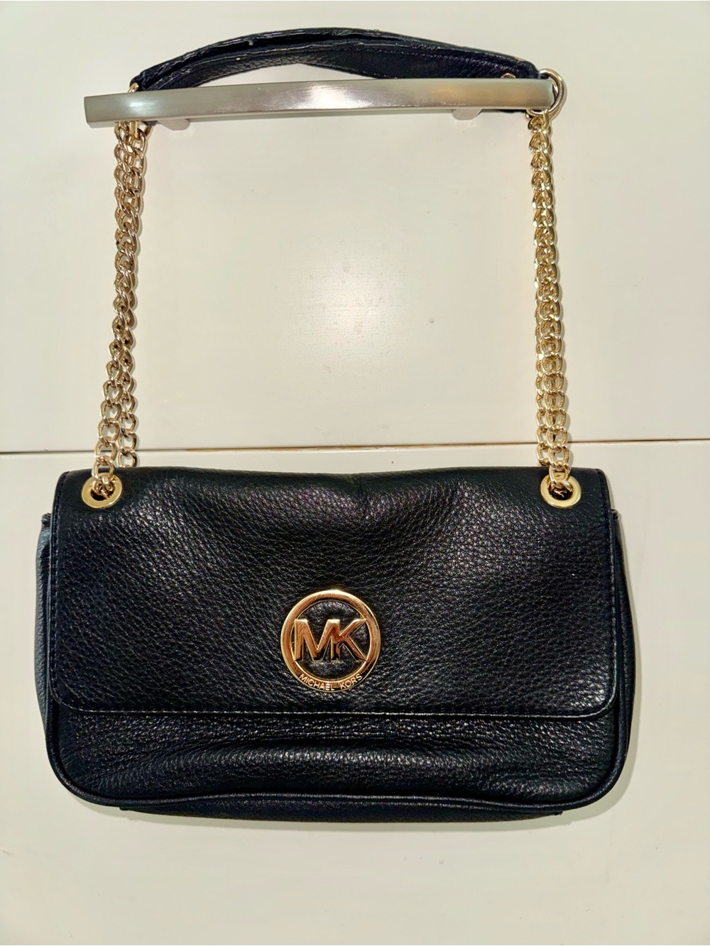 Classic Michael Kors Pebbled Black Leather Shoulder Bag w/ Gold Hardware